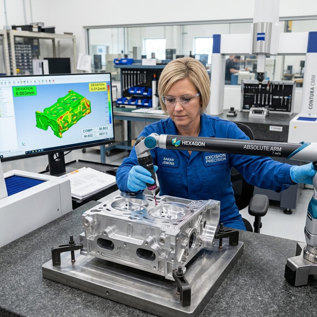 Técnico especialista em ferramentaria realizando manutenção e inspeção metrológica em molde de injeção técnica com braço de medição 3D conectado a computador
