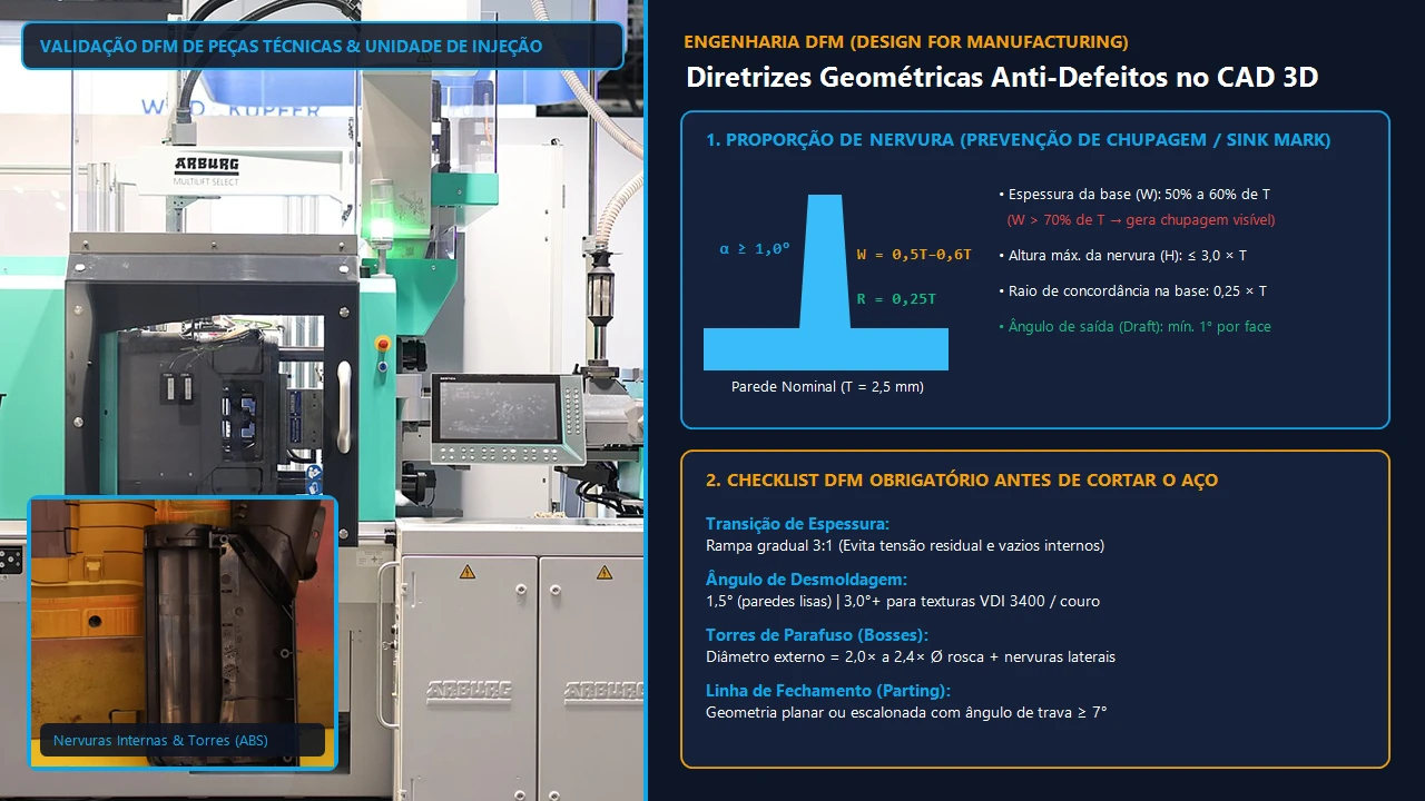 Análise DFM e simulação reológica 3D de molde de injeção plástica