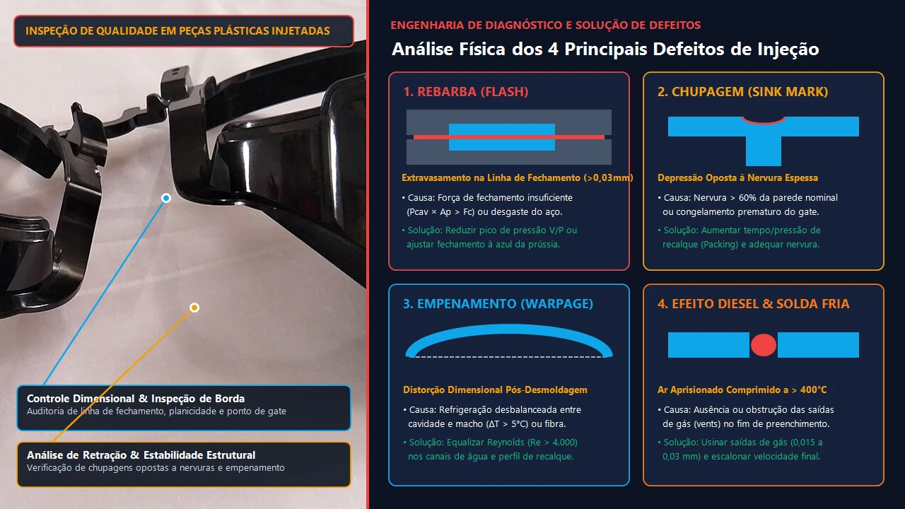 Engenheiro de qualidade analisando defeitos na injeção plástica rebarbas e chupagem em laboratório metrológico