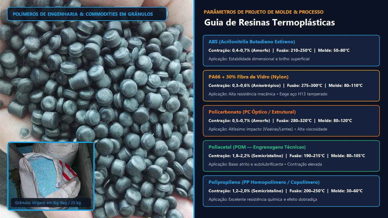 Engenharia avaliando resinas termoplásticas para injeção plástica industrial ABS, PA66, PC, POM e PP