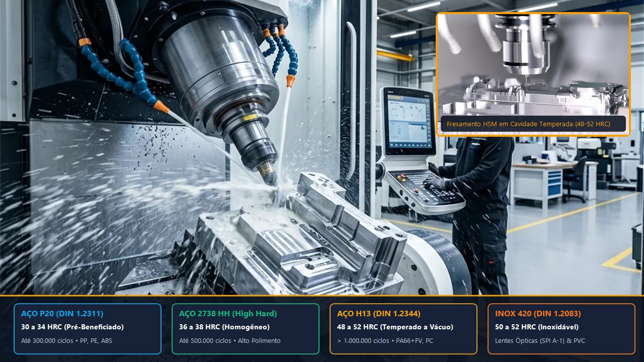 Usinagem CNC 5 eixos em cavidade de molde mostrando a diferença entre aço P20 e H13 para moldes